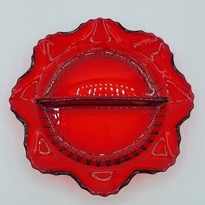 Vintage Red Glass Scalloped Wavy Divided Dish #1389